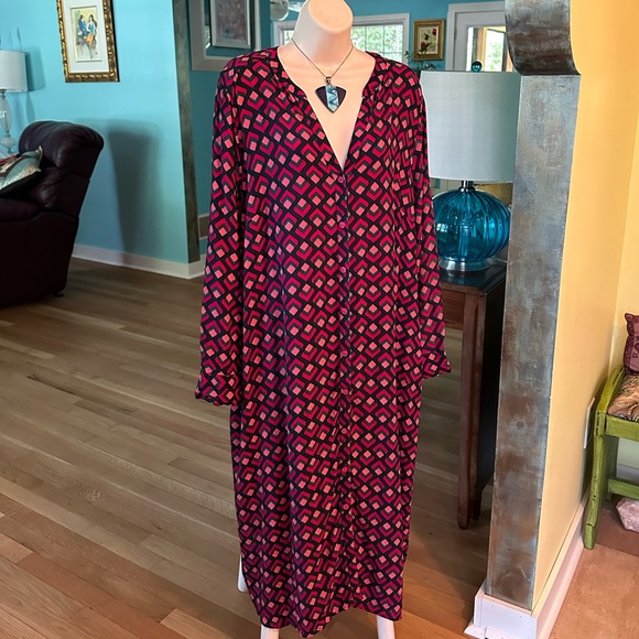 Rose & Teal Geometric Rayon Long Sleeve Shirt Dress With Pockets All Seasons~ 1X - Picture 3 of 10